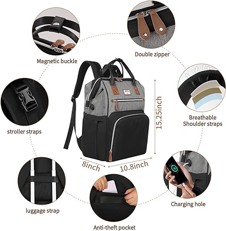 SUPROMOMI Diaper Bag Backpack (Black Grey)